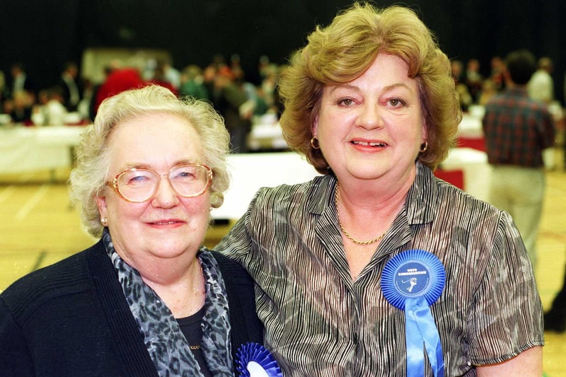 Conservative Barbara Hoyle, right,  celebrates with William Hagues auntie Marjorie Longdin in 1999