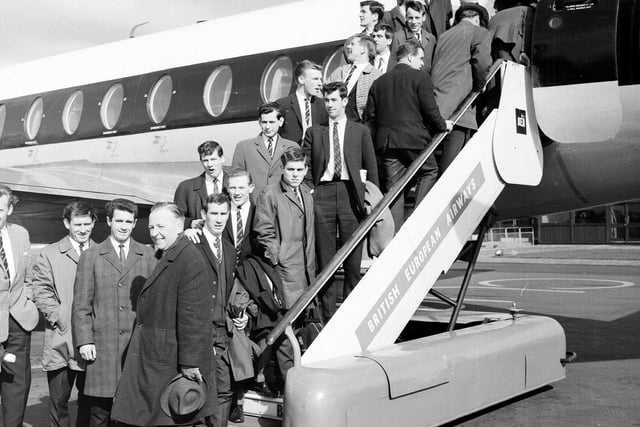 The Dunfermline football team leave Turnhouse Airport bound for Saragossa, in Spain, for a European game in March 1966.