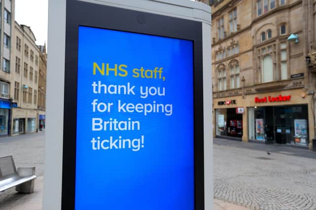 Electronic signs thanking NHS staff in Sheffield city centre as the UK continues in lockdown to help curb the spread of the coronavirus. Photo: Mike Egerton/PA Wire