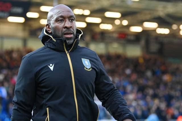 PETERBOROUGH, ENGLAND - MAY 12: Sheffield Wednesday manager Darren Moore looks on before the Sky Bet League One Play-Off Semi-Final First Leg match between Peterborough United and Sheffield Wednesday at Weston Homes Stadium on May 12, 2023 in Peterborough, England. (Photo by Michael Regan/Getty Images)