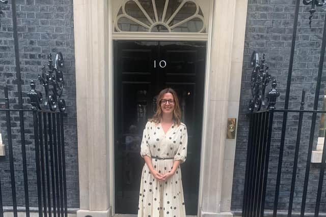 Louisa Harrison-Walker, Chief Executive of Sheffield Chamber of Commerce outside 10 Downing Street