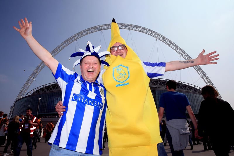 Sheffield Wednesday fans Dave Smith and Sam Colledge before the Championship Play-Off Final at Wembley Stadium. Nick Potts/PA Wire.