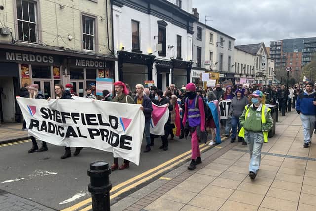 The march stopped at several 'key' buildings, including the Town Hall, the Home Office’s Vulcan House, and Snig Hill Police Station.
