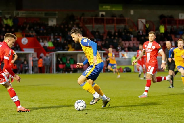 Mansfield Town defender Stephen McLaughlin looks for a way past Crawley defender Archie Davies.