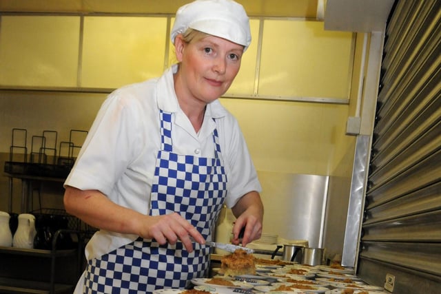 Pat Berry lined up the school dinners as part of an attempt to cook as many school dinners as they can to break a world record at Mapplewells School in 2010