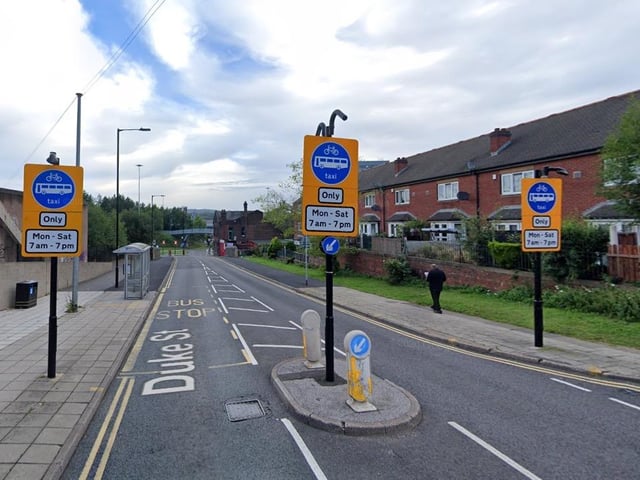 Duke Street beside Park Hill flats isn’t an option. Cars are already banned. Turn right into Crown Place and turn around.
