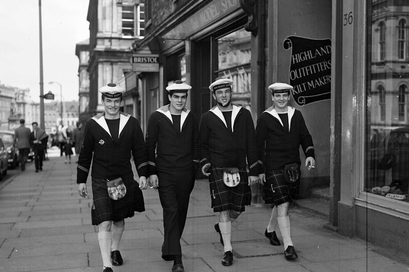 The proximity of the busy port of Leith meant that Leith Walk was a fairly cosmopolitan place in the 1960s. A group of French sailors from a submarine that had docked in Leith are pictures walking along the street in kilts in May 1963.