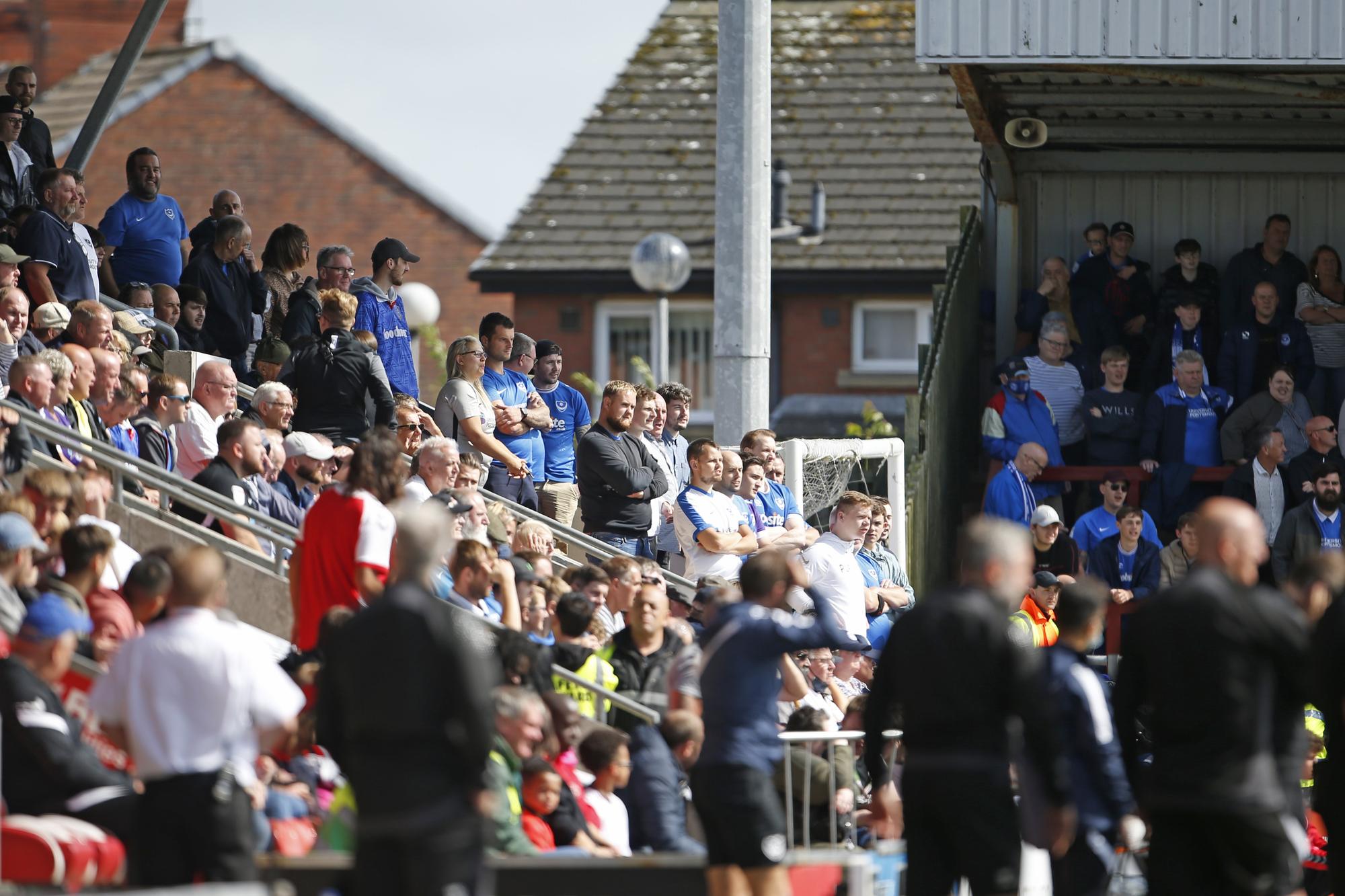 Portsmouth fans in the away end at Highbury Stadium, Fleetwood on opening day of the season. Picture: Paul Thompson