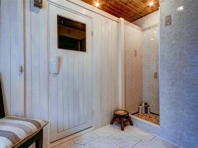 The sauna comes with an attached shower room.
