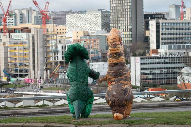 The Tyrannosaurus rex and a Triceratops were seen peering through foliage at the Winter Garden, stomping out dance moves at The Leadmill nightclub and holding hands while admiring the Sheffield city centre skyline from Norfolk Road, Park Hill