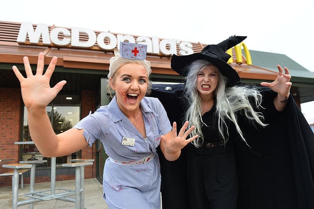 Burn Road Mcdonalds staff Beth Dear (left) and Bethan Wilkinson in their fancy dress during a Halloween charity event in 2015.