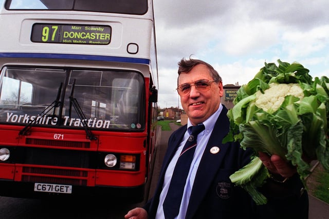 Award winning bus driver Michael Moore on the Mexborough to Doncaster service with some of the produce from his garden for elderly passengers  in 1999