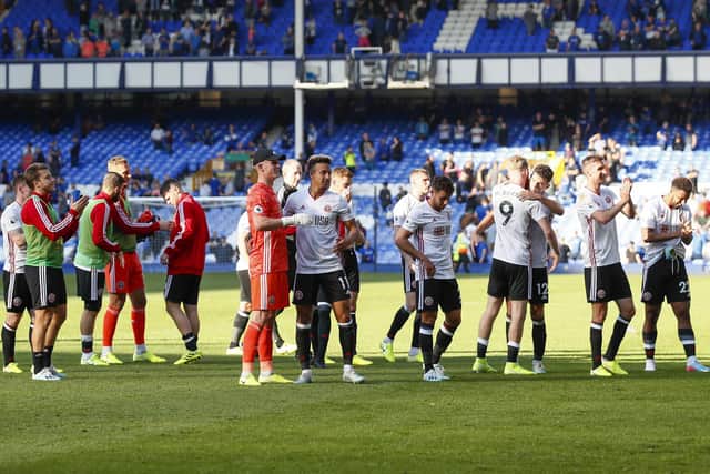 Sheffield United players celebrate victory at Goodison Park last year: Simon Bellis/Sportimage