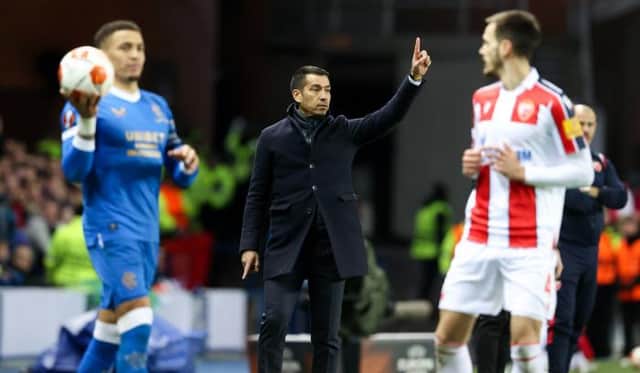 Rangers manager Giovanni van Bronckhorst makes his point during the first leg of the Europa League last 16 tie against Red Star Belgrade at Ibrox. (Photo by Alan Harvey / SNS Group)