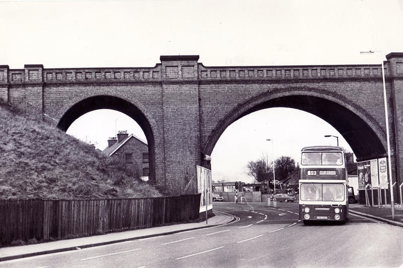 One of Chesterfield's landmarks, the viaduct over Derby Road at Horns Bridge.  The other remaining part of this bridge running alongside Mansfield Road is being demolished - 12th February 1974