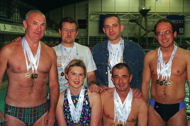 Pictured at Ponds Forge Swimming Pool in 1998, where Sheffield City Swimming Club Veterans have won 20 plus medals in the North East Counties Swimming Championships. Seen LtoR are, Bob Gilbert,Barry Munks, Martin Toovey, and Mark Pincott. Seated are, Laverne Gilbert-Newton, and Keith Ward.