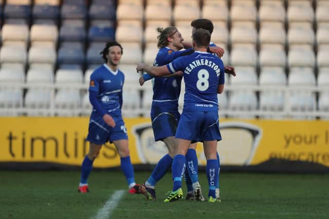 Hartlepool United's Luke Armstrong celebrates after scoring their first goal during the Vanarama National League match between Hartlepool United and Wealdstone at Victoria Park, Hartlepool on Saturday 9th January 2021. (Credit: Mark Fletcher | MI News)