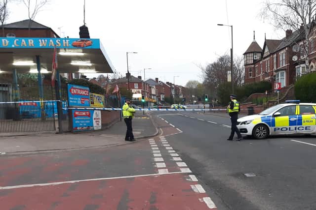 The police cordon at Burngreave Road, Sheffield, today, as police investigate a suspected murder