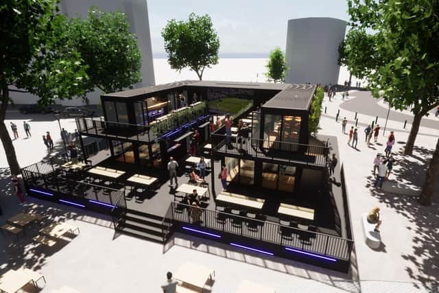 Artist's impression of the attraction. Sheffield Council made a few minor changes to its plans for a shipping container attraction on Fargate after Yorkshire Water raised concerns about damaging the sewers.