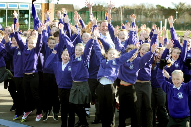 Hebburn Lakes Primary School headteacher Tony Watson and pupils celebrate the school's Ofsted result in 2014. Have you spotted anyone you know?