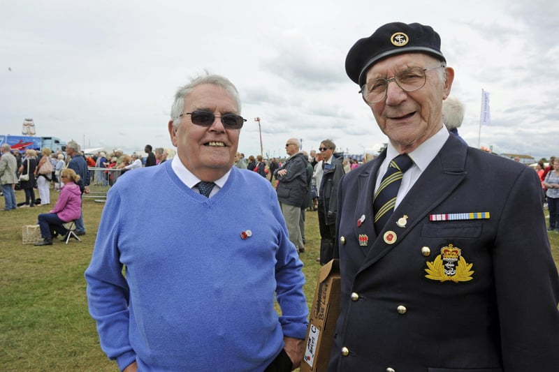 Crowds enjoy the D Day celebrations on Southsea Common: (l to r),  Mick Byrne of the RBL with Korean War veteran Ray Rowe. Picture: Ian Hargreaves (050619-19)