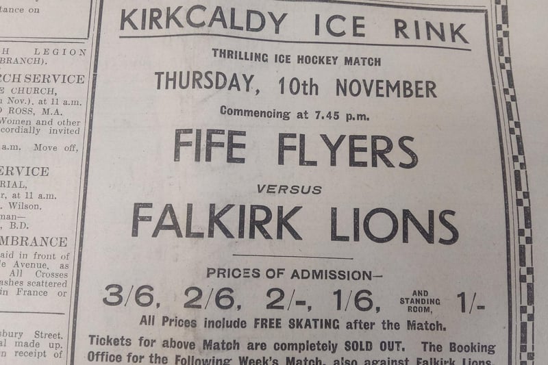 A 1938 Fife Free Press advert promoting the hockey game between Fife Flyers and Falkirk Lions - free skating after the game was a tradition which ran for generations.