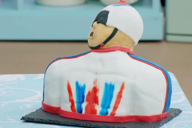 Peter made things a little easier for himself by opting to make a cake version of cyclist Chris Hoy, as he didn’t have to feature eyes and hair like the other bakers’ cake busts, replacing them with a cycling helmet and goggles instead (Photo: Channel 4/Getty)