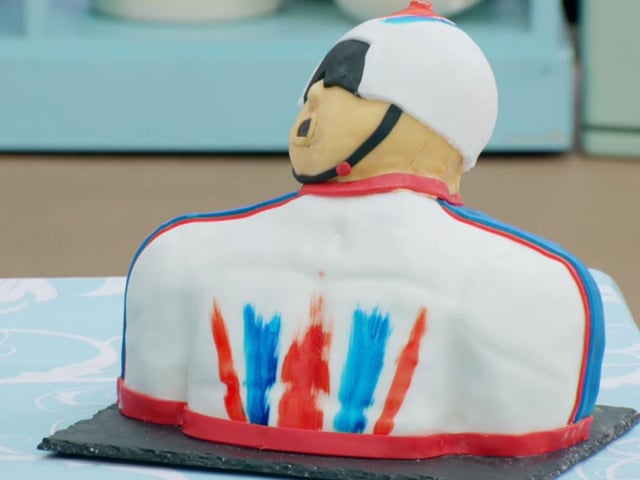 Peter made things a little easier for himself by opting to make a cake version of cyclist Chris Hoy, as he didn’t have to feature eyes and hair like the other bakers’ cake busts, replacing them with a cycling helmet and goggles instead (Photo: Channel 4/Getty)