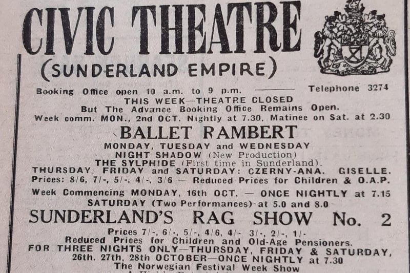 Tickets from one shilling to seven shilling were available to see Sunderland's rag show at the Empire Theatre. Or how about Ballet Rambert which had two performances on a Saturday at 5pm and 8pm.