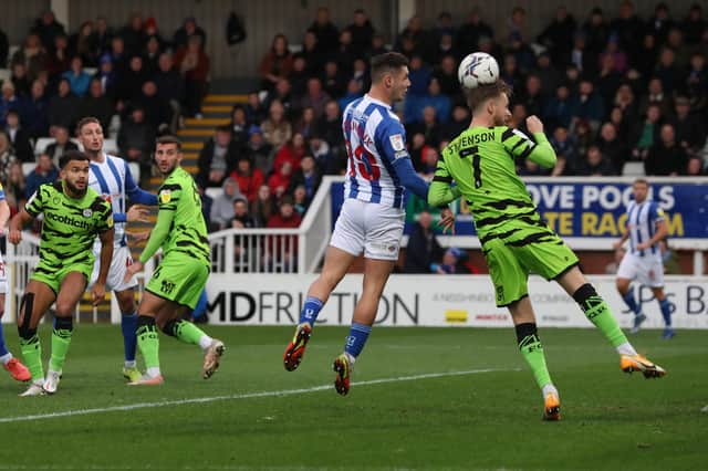 Hartlepool United's Luke Molyneux heads at goal  during the Sky Bet League 2 match between Hartlepool United and Forest Green Rovers at Victoria Park, Hartlepool on Saturday 20th November 2021. (Credit: Mark Fletcher | MI News)
