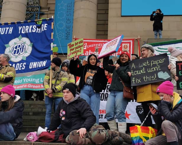 Teachers and firefighters at a joint trade union rally outside Sheffield City Hall in support of public sector strike action in February 2023. Picture: Julia Armstrong, LDRS