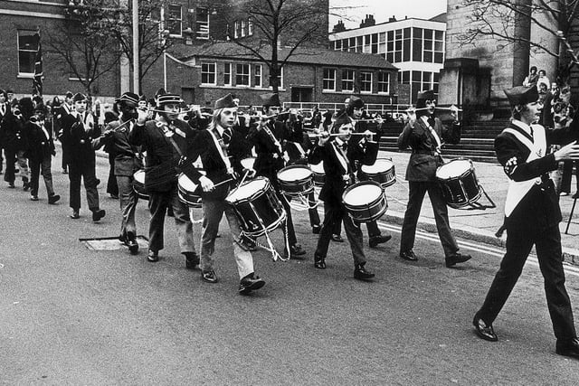 Sheffield Boys Brigade annual parade  through Barkers Pool in October 1972
