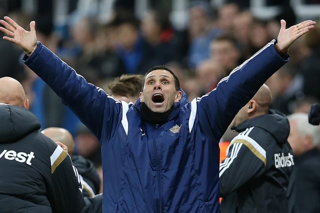 Gus Poyet reacts Sunderland's late winner during a derby between Newcastle United and Sunderland at St James' Park. Sunderland won the game 1-0.