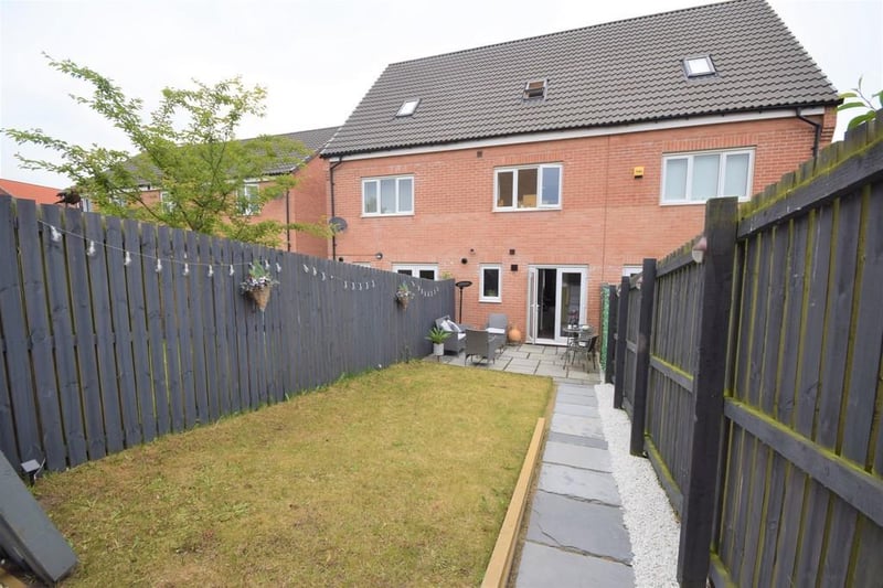 Lovely rear gardens which include a patio ideal for seating and entertaining, fenced boundaries, lawned garden and a handy shed.