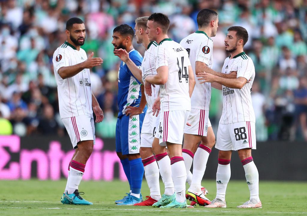 Albian Ajeti celebrates with his Celtic team-mates after opening the scoring.