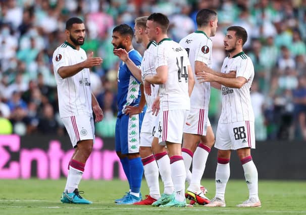 Albian Ajeti celebrates with his Celtic team-mates after opening the scoring.