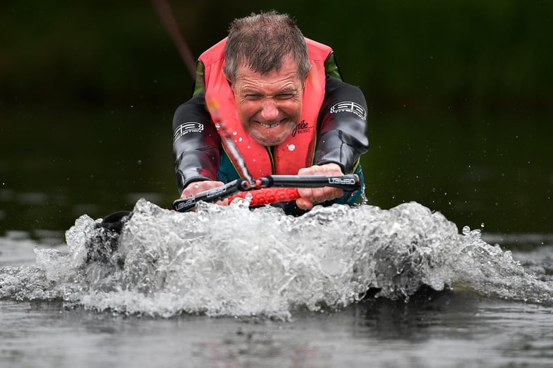 Willie Rennie water skies during a European Election campaign event at Water Ski & Wakeboard Scotland on May 21, 2019 in Dunfermline, Scotland.  (Photo by Jeff J Mitchell/Getty Images)