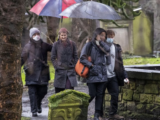 Rochelle Neil was filming with Sandy McDade in the grounds on The Parish Church of St Cuthbert, Edinburgh on Thursday.