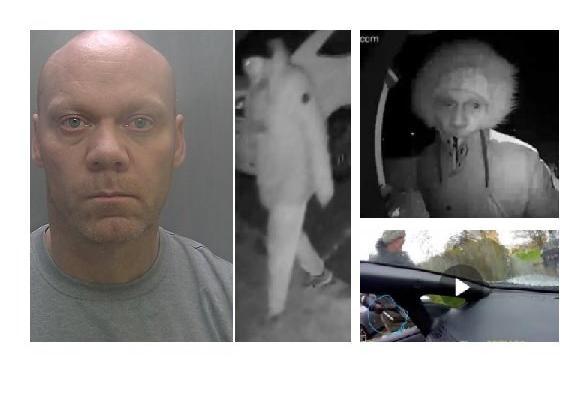 Andrew Clay (42) was caught on camera breaking into cars and stealing contents from inside. He was also caught on CCTV trying to break into homes. He has been jailed for four years