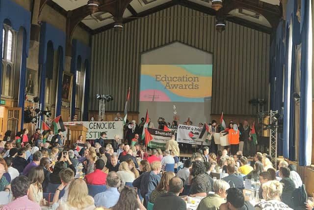 Protesters stormed an awards ceremony at University of Sheffield