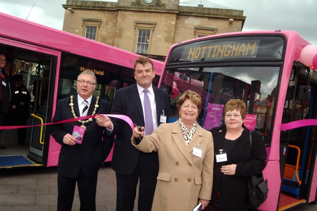 Pictured at the 2009 launch of Stagecoaches 15 minute Pronto bus service from Mansfield to Nottingham are from left, Mansfield District Council chairman coun. Alan Fell,  Gary Nolan managing director of Stagecoach East Midlands,  Notts.Co. Coun. Stella Smedley cabinet member for Highways and transport and Coun. Marian Stockdale support member for environmental services with Derbyshire County Council