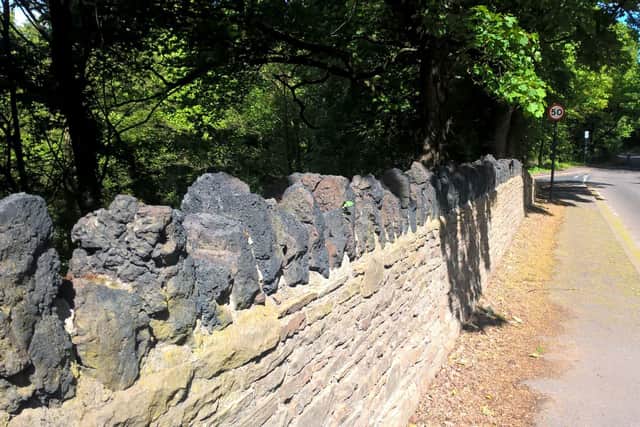 Manchester Road cozzlin wall - The material on the top of this wall is crozzle, which results from taking grinders’ wheel swarf (the waste product from grinding cutlery etc.), then using it to seal crucibles when they are fired.