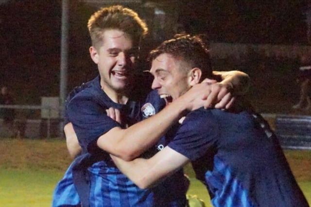 Max Pemberton and Kyle Jordan celebrate the latter’s hat-trick goal against Liversedge FC.