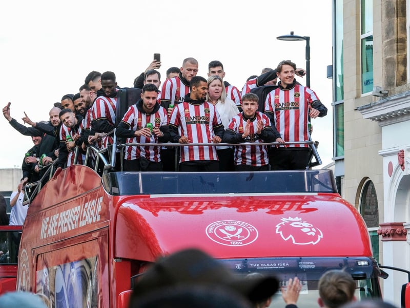 Sheffield United's players celebrate their promotion to the Premier League
