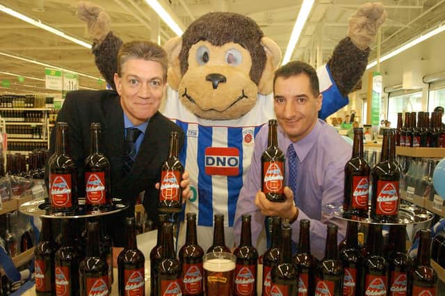 Mike Berriman from Camerons Brewery was pictured 17 years ago at the launch of the Hartlepool United promotion beer. Also in the picture is Dion Liveras from Asda in Hartlepool, and H'Angus.