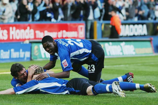Craig Rocastle celebrates Jon-Paul McGovern's goal in the 2005 League One playoff final.