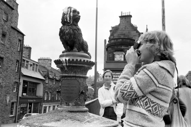 Vandals threw white paint over the statue of Greyfriars Bobby in Edinburgh, May 1981. A tourist takes a picture of Bobby.