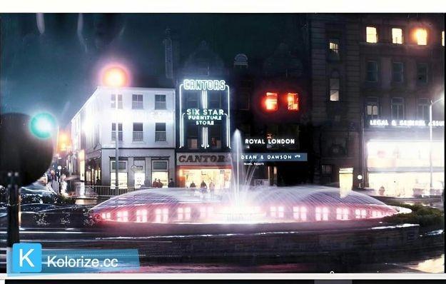 "The lights of the new Goodwin Fountain etch out a delicate tracery of water jets after the offical switch on" - 1961. Fargate, Sheffield. Picture: Sheffield Newspapers