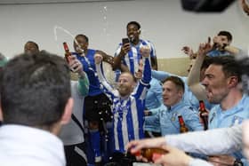 Wild celebrations in the Sheffield Wednesday dressing room  after a play-off victory over Peterborough United   Pic Steve Ellis