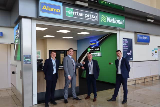 Tom Drury and Jake Coy of Enterprise with Ian Smith, Commercial and Passenger Experience Director, DSA open up the new branch of Enterprise Rent-A-Car with Enterprise Branch Manager Tom Worwood